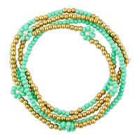 Mint Seed Bead Flower and Gold Set of 4 Stretch Bracelet