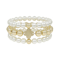 Pearl and Gold Beaded with Clover Set of 3 Stretch Bracelets