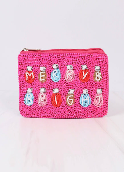 Merry & Bright Beaded Pouch HOT PINK