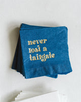 "Never Lost a Tailgate" gold foil + navy napkin pack