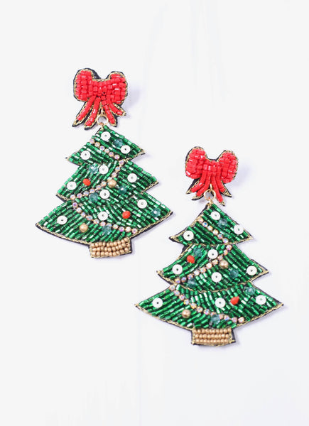 Christmas Tree with Bow Topper Earring GREEN